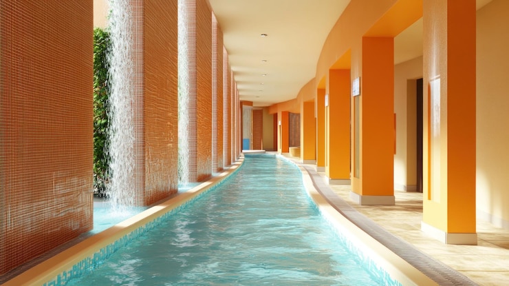 PSD área de piscina cubierta serena con características de agua corriente