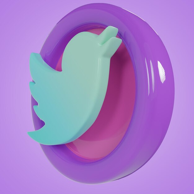 Un arete de pájaro morado y verde con un logo morado.