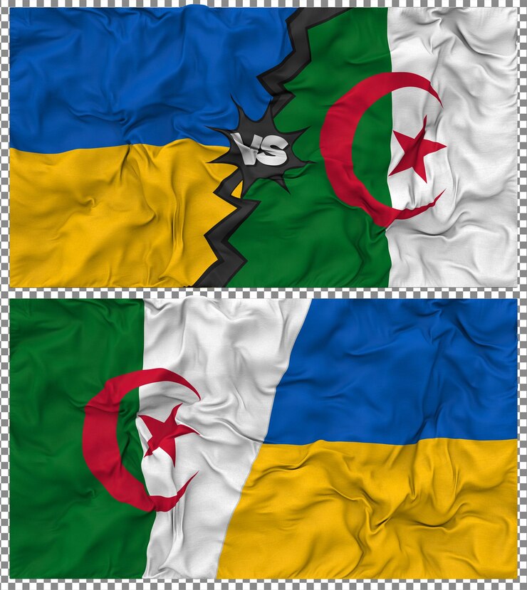 PSD argelia contra ucrania media bandera combinada con textura 3d de la tela
