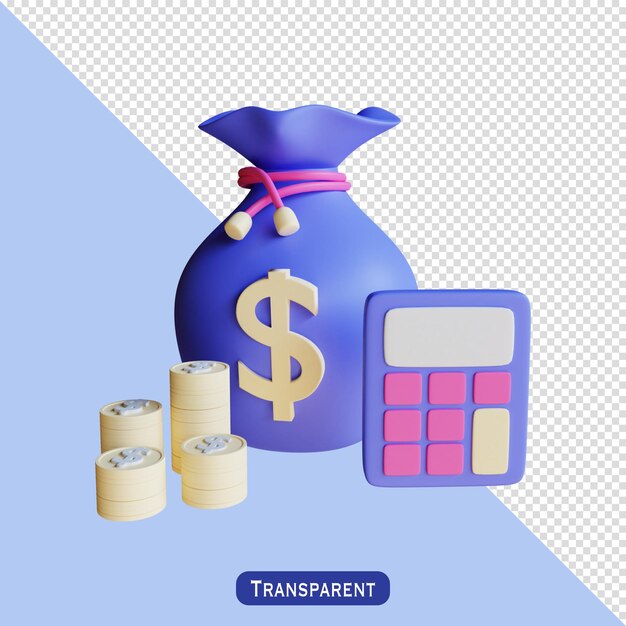 PSD argent, calculatrice et sac d'argent style 3 d