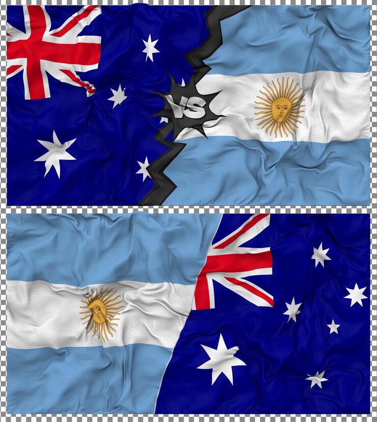 PSD argentina contra australia media bandera combinada con textura 3d de la tela