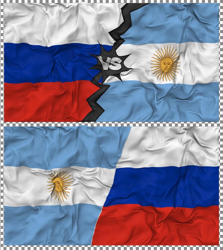 PSD argentina contra rusia media bandera combinada con textura 3d de la tela