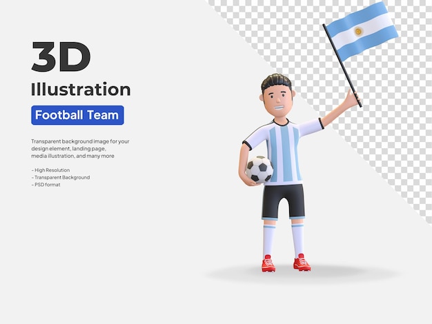 Argentina, jugador de fútbol nacional, hombre, tenencia, pelota, y, país, bandera, 3d, render, ilustración