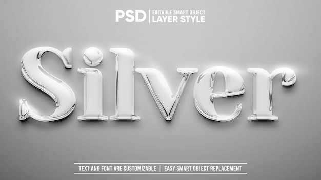 Argento liscio lucido con effetto di testo a livello di oggetto intelligente modificabile a bagliore Mockup