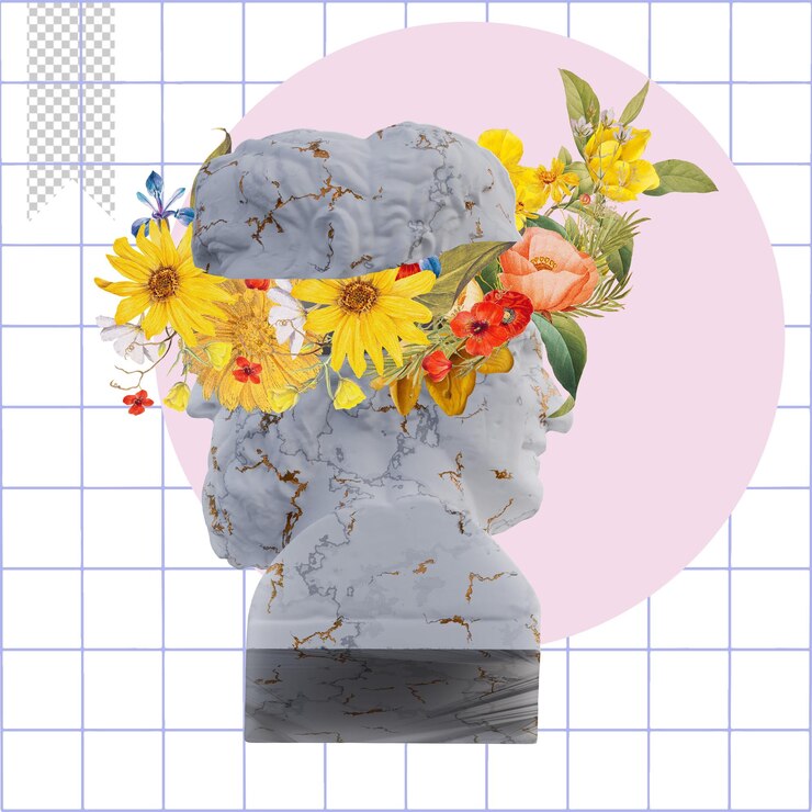 PSD aristophanes menander statues 3d render collage with flower petals compositions for your work