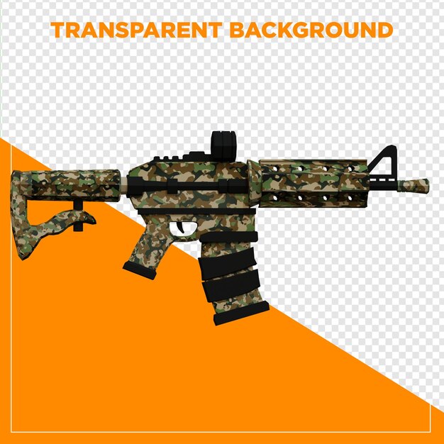 Arma camuflada de juego en 3D con fondo transparente