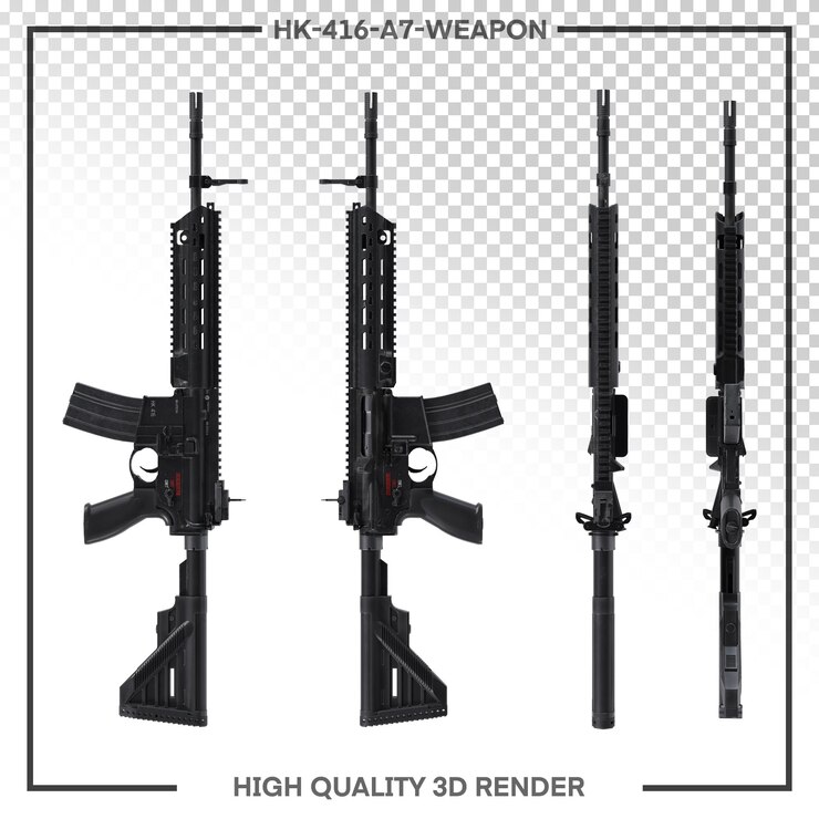 PSD arma hk 416 a7 en diferentes ángulos, render 3d de alta calidad, png