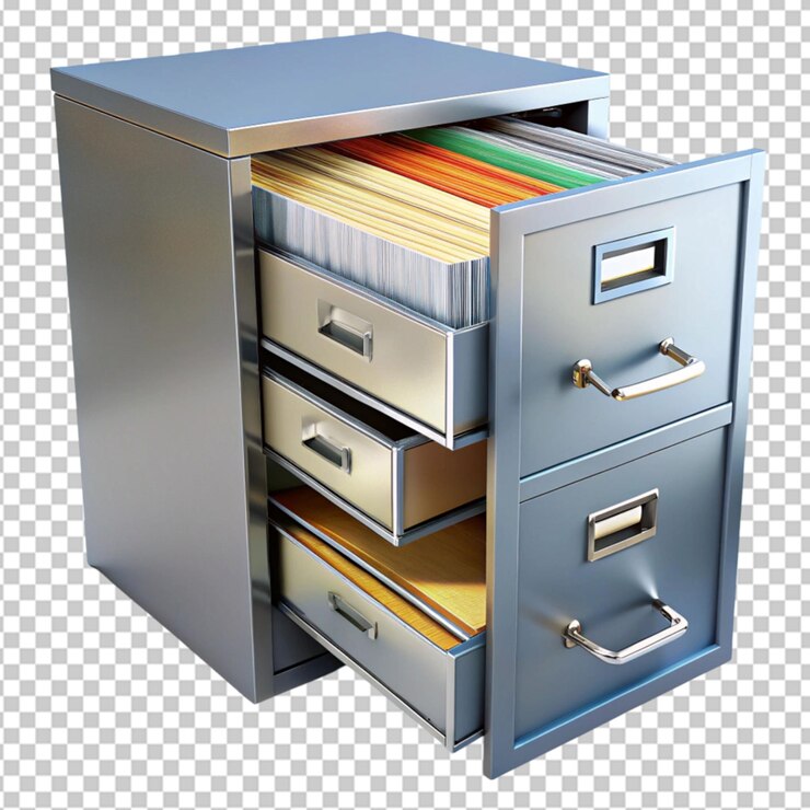 PSD armadio di archiviazione di metallo con cassetto aperto pieno su sfondo trasparente