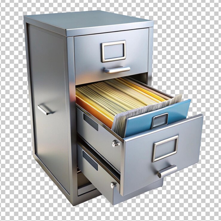 PSD armadio di archiviazione di metallo con cassetto aperto pieno su sfondo trasparente