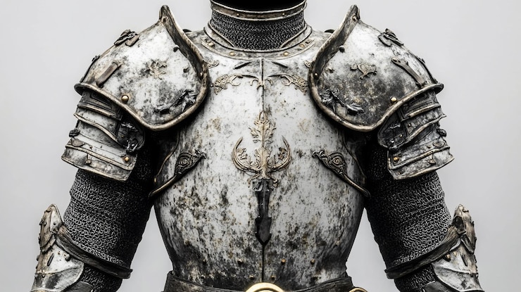 PSD armadura de cavaleiros medievais desgastados em close-up detalhado mostrando design e textura intrincados
