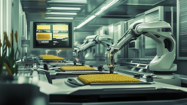 PSD armamentos robóticos automatizados que ensamblan microchips en una línea de producción en una fábrica de alta tecnología