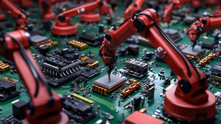 PSD armamentos robóticos que ensamblan microchips en una placa de circuitos