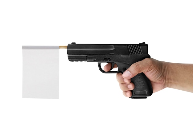 PSD une arme à main avec un drapeau en papier sur un fond transparent