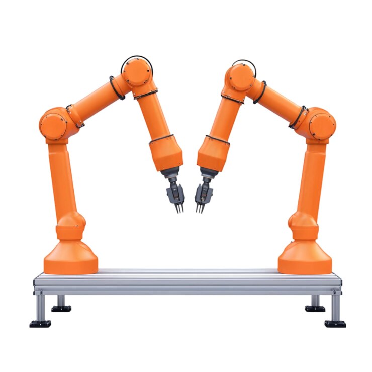 PSD armi robotici industriali arancione automazione 3d e illustrazione tecnologica per la produzione e la ro