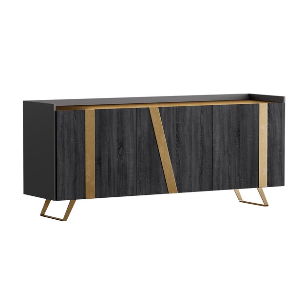 Un armoire noir et or avec une garniture dorée L'armoire est en bois et a un design moderne