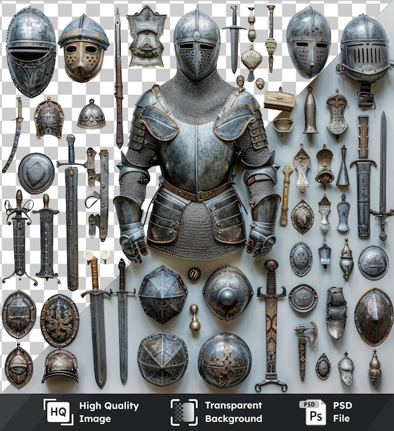 PSD armure médiévale transparente de haute qualité et collection d'armes exposées sur un mur blanc avec des épées en argent et en métal un casque en argent et une balle en argent