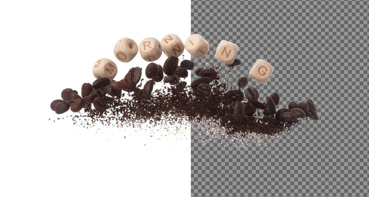 PSD aroma rico grãos de café recém-torrados voam no ar enquanto dançam ao lado de blocos de letras do alfabeto contas de brinquedo morning incorporando a essência do pó de semente de café fundo branco explosão isolada
