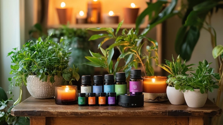 PSD aromatische ätherische öle und kerzen auf einem holztisch, umgeben von zimmerpflanzen und angezündeten kerzen im hintergrund