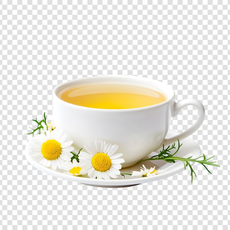 PSD aromatischer kamillentee in einer weißen tasse auf durchsichtigem hintergrund