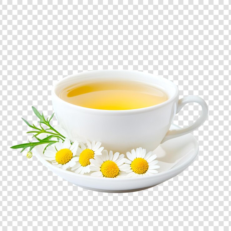 PSD aromatischer kamillentee in einer weißen tasse auf durchsichtigem hintergrund