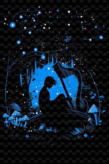 PSD arpista em uma floresta mística com luzes de fada e cogumelos ilustração vetorial ideia de cartaz musical