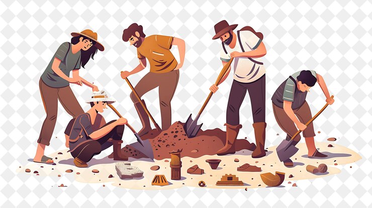 PSD arqueólogo aventureiro com personagens escavando e stu png pessoas no trabalho diário ilustração
