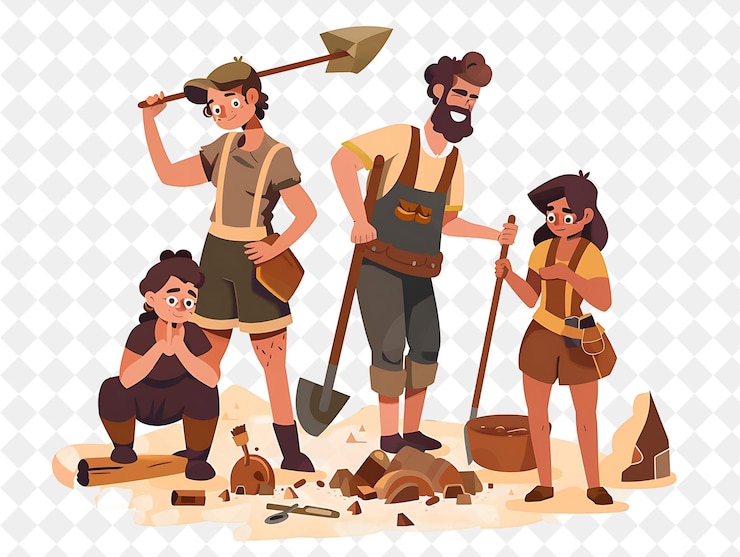 PSD arqueólogo aventurero con personajes excavando y stu png gente en la ilustración de trabajo diario