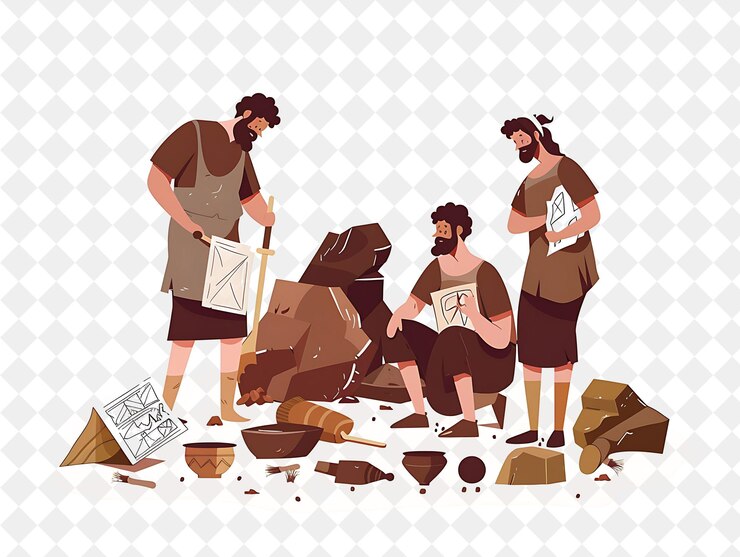 PSD arqueólogo histórico con personajes excavando y estudiando a la gente de png en la ilustración de trabajo diario