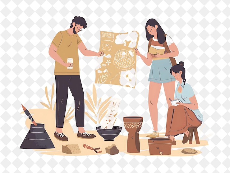 PSD arqueólogo histórico con personajes excavando y estudiando a la gente de png en la ilustración de trabajo diario