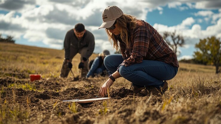 PSD arqueólogos escavando um local documentando meticulosamente descobertas em um campo