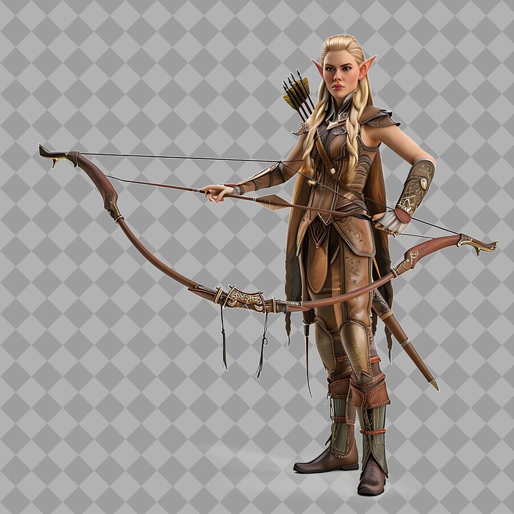 PSD arquería de estilo elf legolas femenina con forma delgada de cuero ar aislado renderizador de personajes de alta calidad