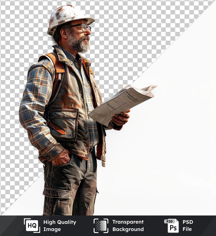 PSD arquitecto 3d hombre con casco blanco pantalones marrones gafas negras en fondo transparente con marrón