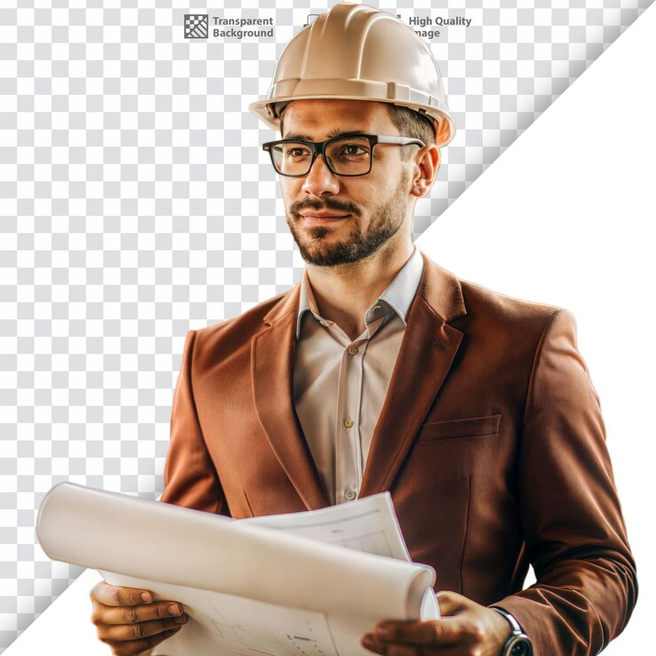 PSD un arquitecto confiado con planos en el sitio de construcción