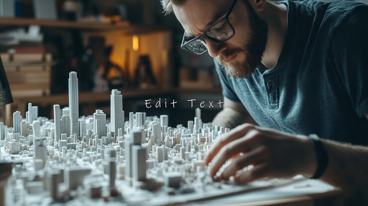 PSD arquitecto enfocado elaborando meticulosamente un modelo detallado del paisaje urbano