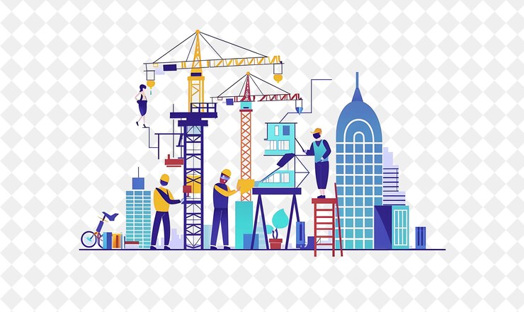 PSD arquitecto futurista con personajes que diseñan edificios y personas de png en la ilustración del trabajo diario