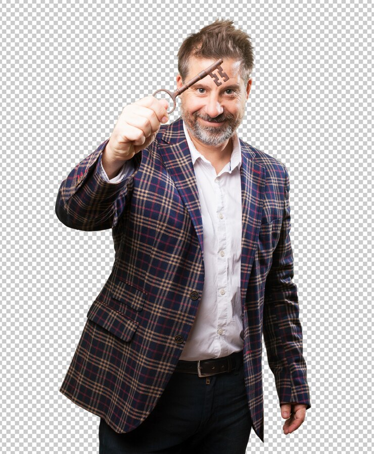PSD arquitecto hombre sosteniendo una vieja llave