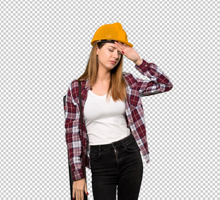 PSD arquitecto mujer con expresión cansada y enferma.