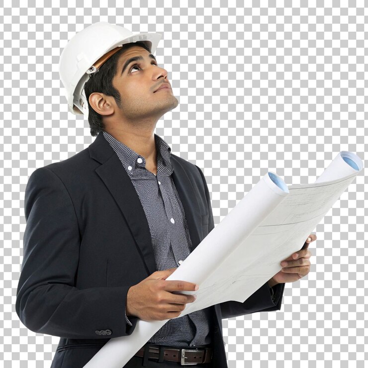 PSD arquitecto revisando los planes de construcción