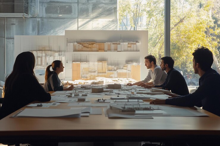 PSD arquitectos colaborando alrededor de una mesa grande con modelos arquitectónicos y planos discutiendo planes de proyecto en una oficina iluminada por el sol