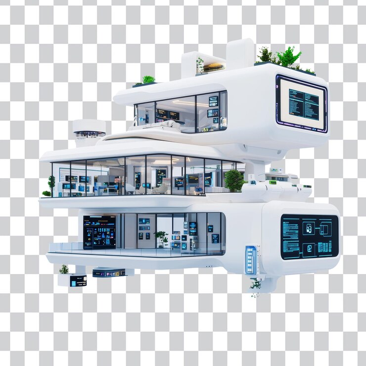 PSD arquitectura futurista de una casa moderna de tres pisos con vegetación