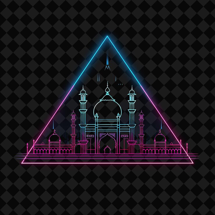 PSD arquitectura de neón radiante de jakarta dentro de una silueta triángulo png y2k monolina paisaje urbano arte de collage