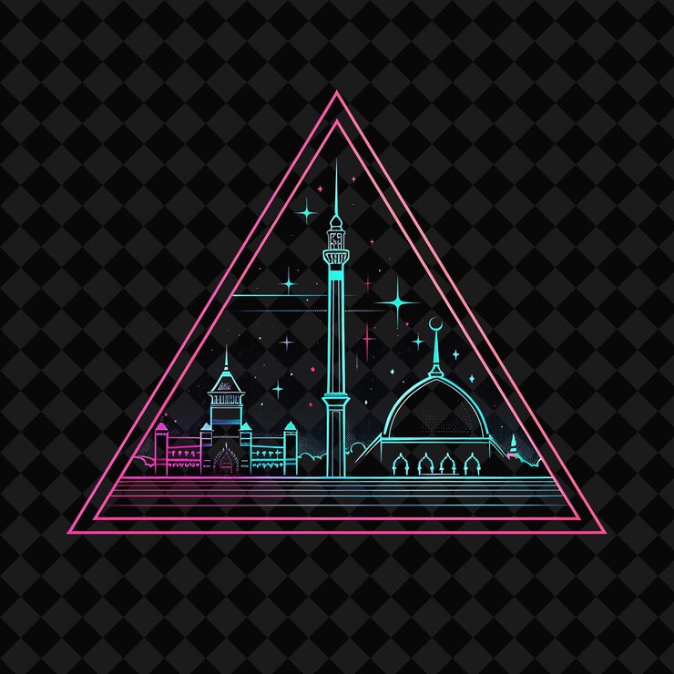 PSD arquitectura de neón radiante de jakarta dentro de una silueta triángulo png y2k monolina paisaje urbano arte de collage