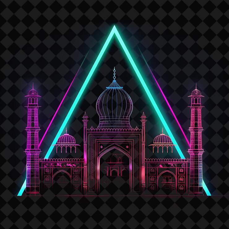 PSD la arquitectura radiante de neón de lahore dentro de un triángulo de silueta png y2k monoline cityscape colage art