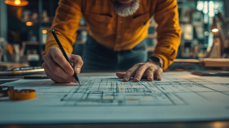 PSD arquiteto esboçando planos detalhados em sua mesa