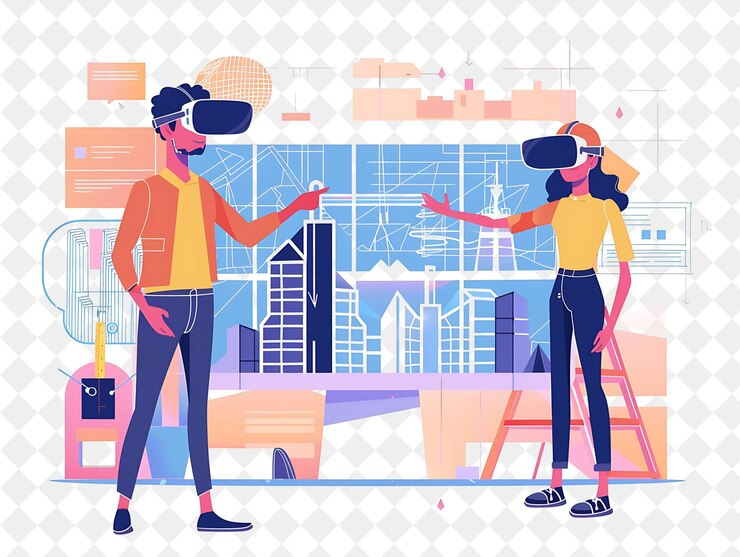 PSD arquiteto futurista com personagens projetando edifícios e pessoas png em ilustração de trabalho diário