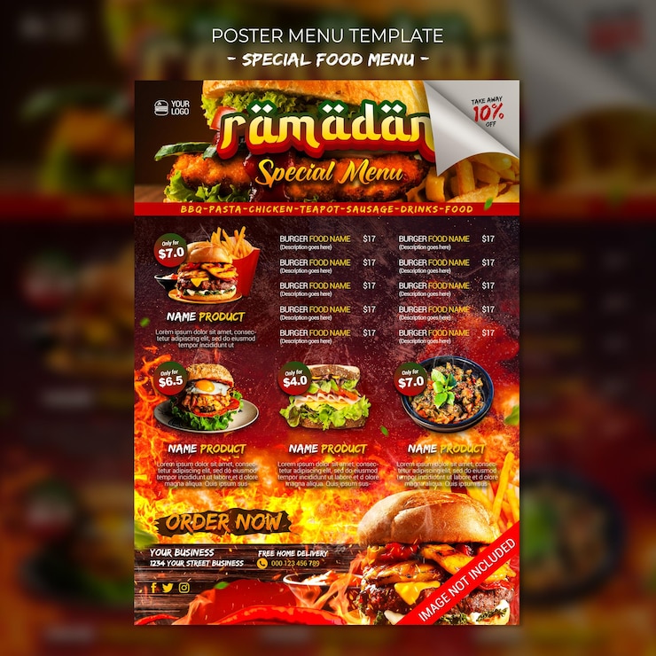 PSD arquivos editáveis de hambúrguer de menu de comida especial do ramadã de modelo de pôster