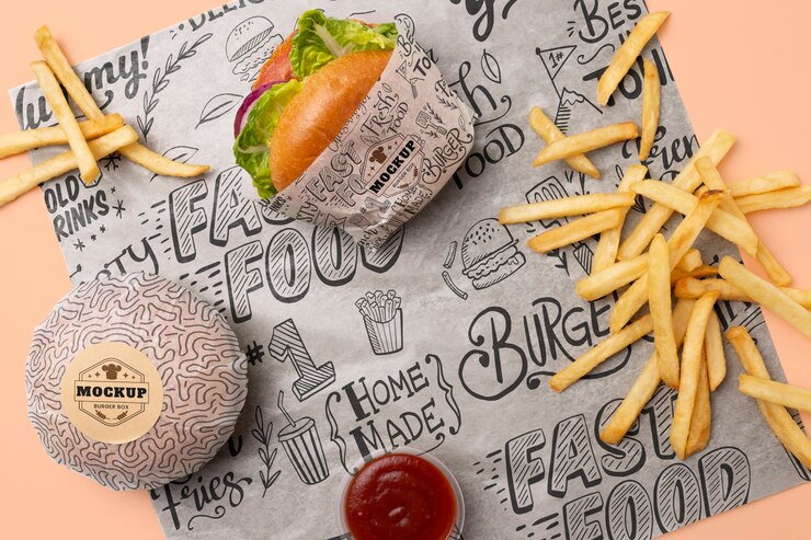 PSD arrangement de hamburgers et de frites au-dessus de la vue