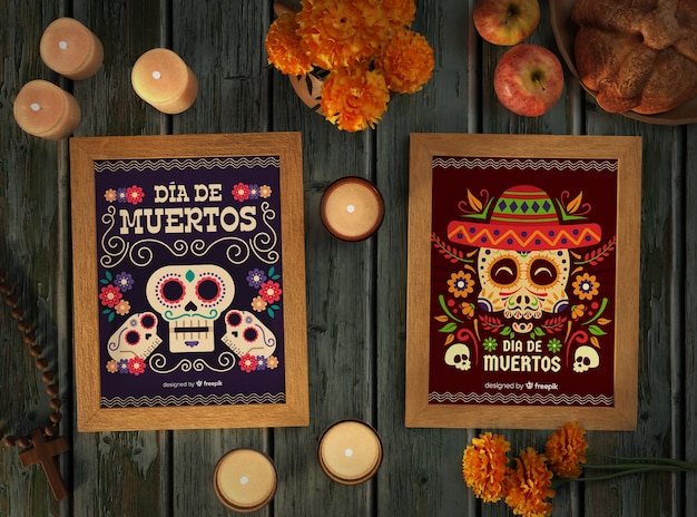 Arrangement de maquettes de crâne mexicain dia de muertos