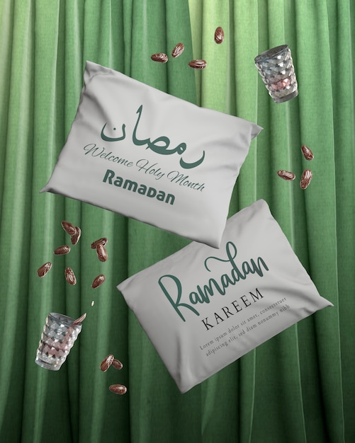 PSD arrangement avec des oreillers de ramadan tombant et des dattes séchées