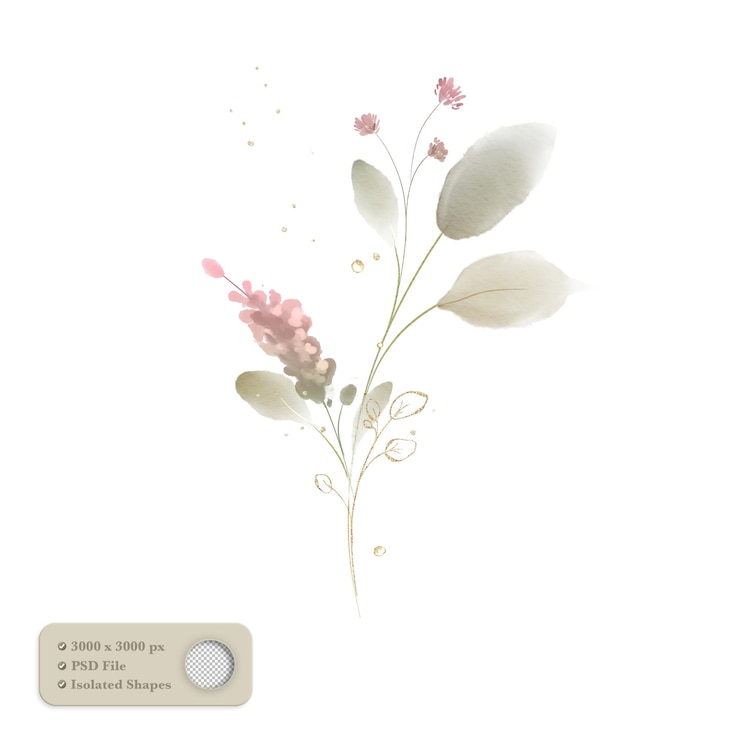 arranjo de flores em aquarela com folhas douradas e glitter